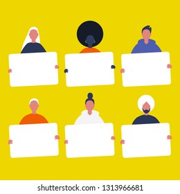 Set of Young characters holding sheets of white paper. Diversity. Copy space. Your text here, template. Flat editable vector illustration, clip art