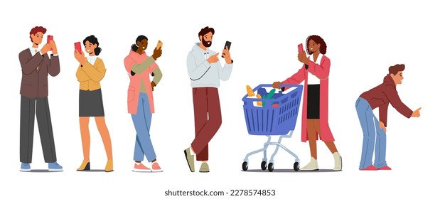 Set of Young Characters with Phones, Smartphone Communication Concept. Men and Women Holding Mobiles Chatting in Social Media, Pass Recognition on Screen, Texting. Cartoon People Vector Illustration