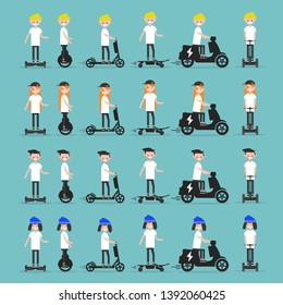 Set young characters riding vehicles. Urban transportation.Flat cartoon design