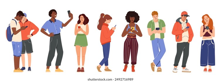 Set of young characters using mobile phone, chatting, scrolling, surfing internet Smartphone social network communication concept Vector illustration youth men and women holding, looking at smartphone