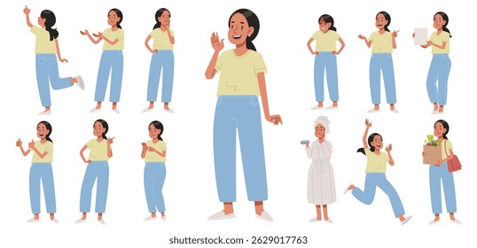 Set of young cheerful asian woman character in various poses and actions on white background. Vector illustration in flat style