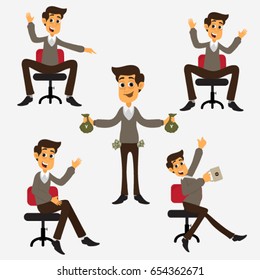 Set of young cheerful businessmen characters in different activities.