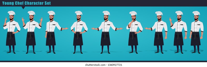 Set of a young Chef working character vector design, with hand poses, Presentation in various action. Professional chef set ,Vector illustration cartoon character.