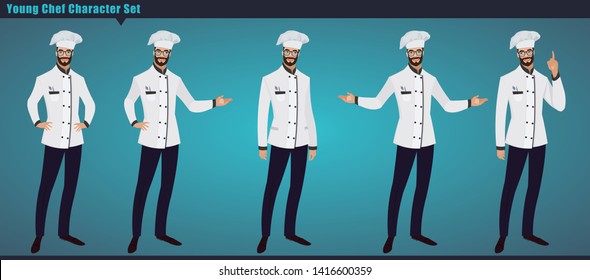 Set of a young Chef working character vector design, with hand poses, Presentation in various action. Professional chef set ,Vector illustration cartoon character. 