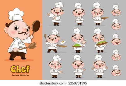 Set of a young Chef working character vector design, with hand poses, Presentation in various action. Professional chef set ,Vector illustration cartoon character. 