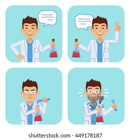 Set of young chemist characters posing in different situations. Cheerful assistant making potion. Mixture explosion, chemistry lesson, teacher. Flat style vector illustration
