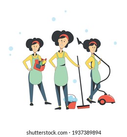 A set of young cleaning girls. Advertising of a cleaning company.