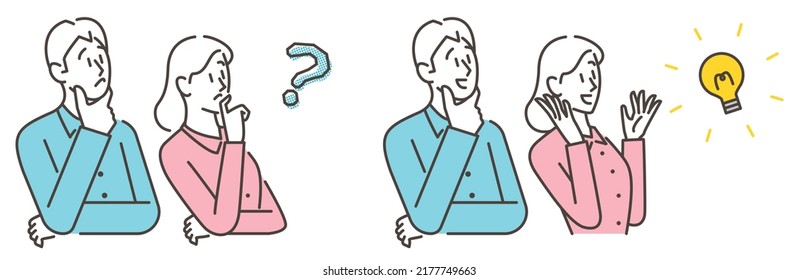 Set of a young couple with problems and questions, and a young couple happy that their problems have been solved [Vector illustration].