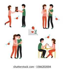 Set Young Couple Walking, Holding Hands, Eat Ice Cream, Give Gift, Sitting In A Restaurant Drinking Wine. Relationship And Fall In Love, Valentine's Day. Flat Vector Cartoon Illustration.