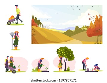 Set of young couple working at orchard. Flat vector illustrations of young farmers planting, watering plants, gathering harvest. Own farm concept for banner, website design or landing web page