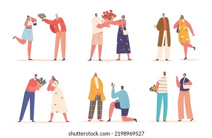 Set of Young Couples Dating. Men Giving Bouquets to Girls. Boyfriend Presenting Beautiful Flowers to Girlfriend. Love, Human Relations, Gift for Valentine Day or Birthday. Cartoon Vector Illustration