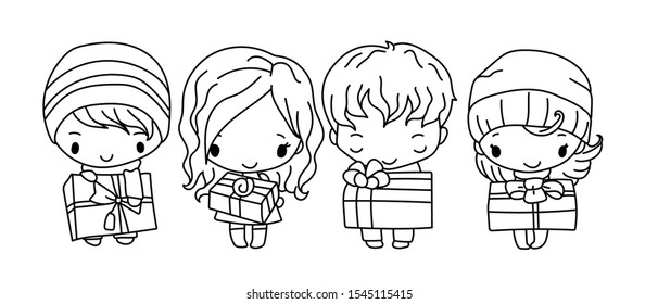 set of young couples with gift box - Vector - white