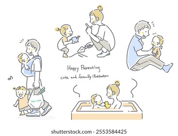 A set of young couples raising children - simple and stylish line drawing illustrations