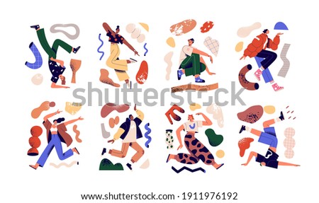Set of young creative people working and creating in chaos of scattered abstract geometric shapes. Concept of creation process. Colored flat textured vector illustration isolated on white background