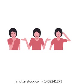 Set of young cute thinking women in trendy flat style. Vector girl illustration isolated on a white background. Stock portrait of a beautiful female thinking.