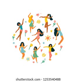 Set of young dancing happy girls. Vintage vector illustration. Concept for print