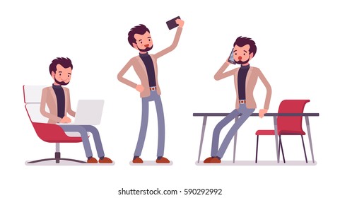 Set of young dandy in smart casual wear in office situations, coworking space, sitting and working with laptop, talking on phone near the desk, taking selfie, isolated, white background, full length