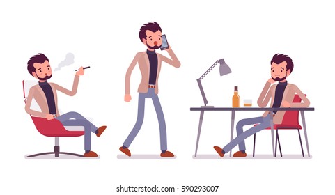 Set of young dandy in smart casual wear in office situations, coworking space, sitting and vaping, walking and talking on phone, thinking at the desk, isolated against white background, full length