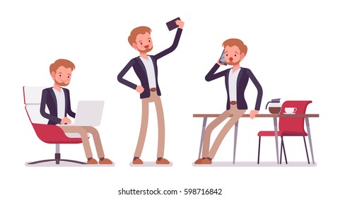 Set of young dandy in smart casual wear in office situations, comfortable coworking zone, sitting and working with laptop, talking on phone, taking selfie, isolated, white background, full length