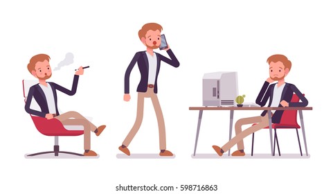Set of young dandy in smart casual wear in office situations, sharing coworking space, sitting at the desk, vaping, walking and talking on phone, isolated against white background, full length