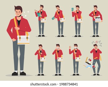 Set of young delivery man worker pose.