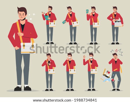 Set of young delivery man worker pose.
