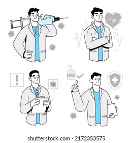 Conjunto de doctores jóvenes con diferentes acciones sobre trabajos en caricatura, ilustración vectorial