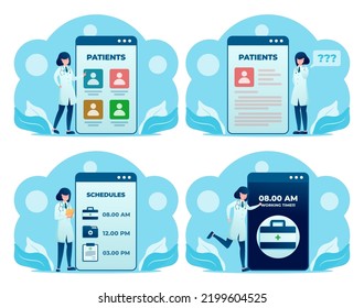 Set of Young doctor male and female use smartphone to working medical consult to patients on application, drawing in cartoon character, vector illustration