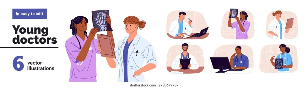 Set of young doctors. Medics look at X ray and MRI. Physicians in uniform work in clinic, hospital. Docs discuss, communicate. Medicine workers. Flat isolated vector illustration on white background