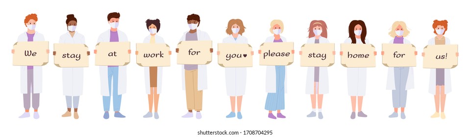 Set young doctors white coat, medical mask. Coronavirus Covid 19, hold banner stay home. Cartoon International scientists. Save doctor concept, stop pandemic. Vector illustration on white background