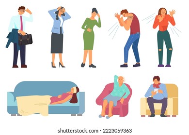 Set of Young or elderly men and women have illness. Sick people have symptoms of allergy, or Coronavirus. Group of people got infected with virus. Flat Art Vector Illustration