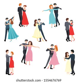 Set of young elegant male and female pairs of dancers. Vector illustration in flat cartoon style.