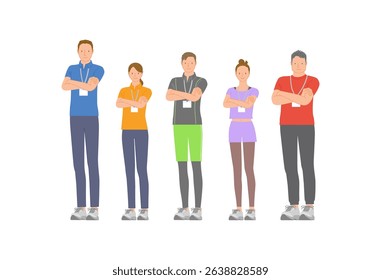 Set of young energetic male and female gym staff: smiling and with arms crossed