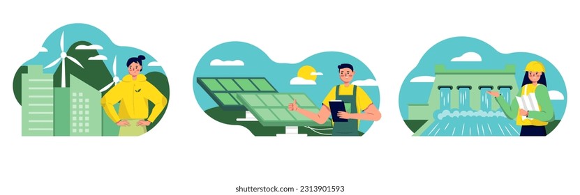 Set of young engineers standing at different locations for obtaining green energy. Wind turbines, solar panels and hydroelectric power plants. Eco energy concept. Flat vector illustration