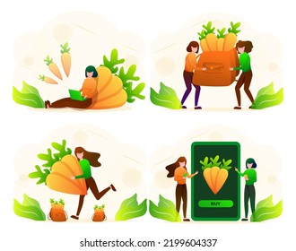 Set of young farmer female do farming with modern technology on laptop computer and and selling produce through mobile applications on smartphone in cartoon character, vector illustration