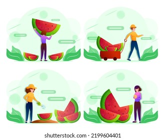 Set of young farmer female do farming with modern technology on laptop computer and and selling produce through mobile applications on smartphone in cartoon character, vector illustration