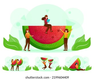 Set of young farmer female do farming with modern technology on laptop computer and and selling produce through mobile applications on smartphone in cartoon character, vector illustration