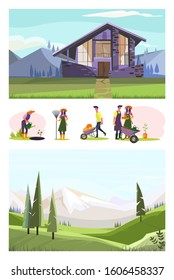 Set of young farmers working at orchard. Flat vector illustrations of people watering plants, gathering harvest. Own farm concept for banner, website design or landing web page