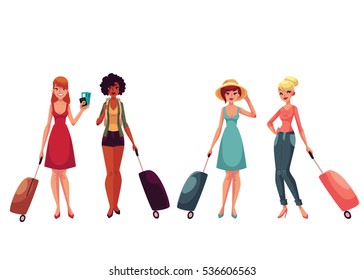 Set of young fashionable women, girls traveling with luggage, suitcases, cartoon illustration isolated on white background. Beautiful Caucasian and African American tourist girls with luggage