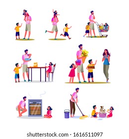 Set of young father doing various housework. Flat vector illustrations of father playing with kids, cleaning, cooking, shopping. Daily routine concept for banner, website design or landing web page