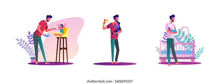 Set of young father taking care of child. Flat vector illustrations of young man playing with child, feeding son, lulling baby. Parenting concept for banner, website design or landing web page