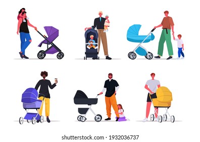 set young fathers walking outdoor with children in strollers fatherhood parenting concept dads spending time with kids full length horizontal vector illustration