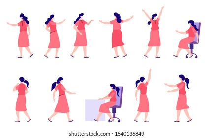Set of young female character in different poses. Flat vector illustration