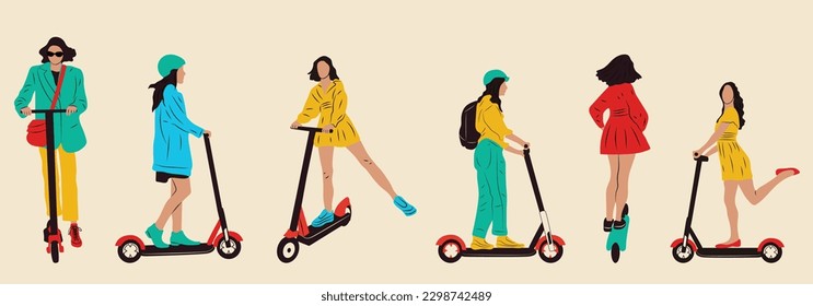 Juego de personajes femeninos jóvenes con mochila montada en el moderno transporte urbano patinete eléctrico. El hipster activo adulto millennial utiliza tecnologías ecológicas de estilo de vida.