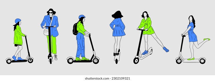 Set of Young female characters with backpack ride modern urban transport electric kick scooter. Active hipster adult millennial uses lifestyle ecology technologies.