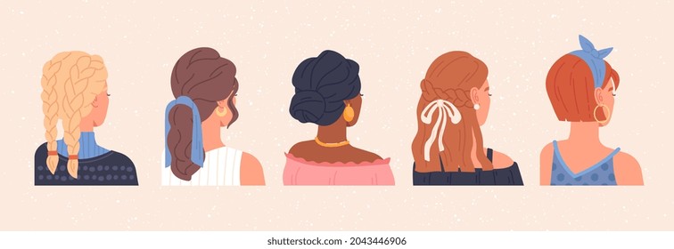 Set of young female characters with different haircuts and accessories on beige background. Women dressed in different clothes. Concept of beauty salon. Flat cartoon vector illustration