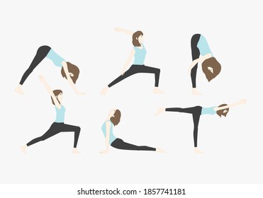 Set of young female doing yoga. People lifestyle. Hand draw thin line style. Flat design. Vector illustration.