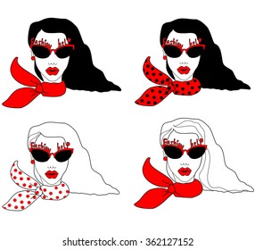 Set of young female faces in black glasses and different scarves