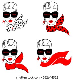 Set of young female faces in black glasses "Fashion help" and different scarves