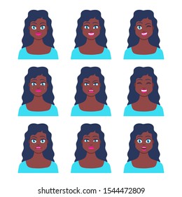 Set of young female icon with emotions in cartoon style. Girl avatar profile with facial expression. African characters portraits in bright colors. Isolated vector illustration in flat design